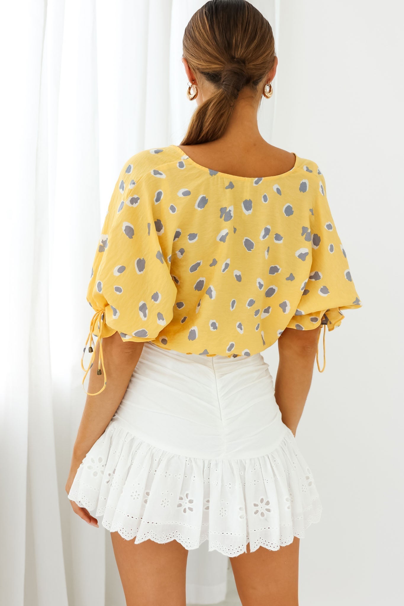 Distant Sun Drawstring Waist Crop Top Animal Print Yellow