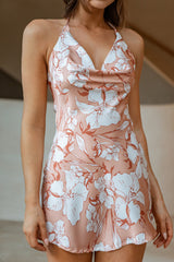 Champagne Showers Halterneck Slip Mini Dress Hibiscus Print Peach