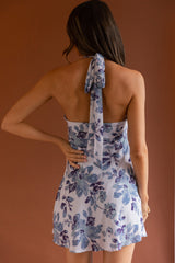 Champagne Showers Halterneck Slip Mini Dress Watercolor Floral Print Grey