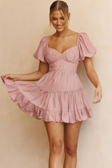 Camille Gathered Bodice Puff Sleeve Flounce Hem Mini Dress Blush