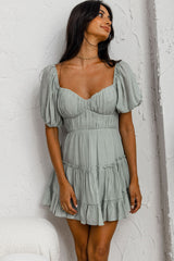 Camille Gathered Bodice Puff Sleeve Flounce Hem Mini Dress Sage