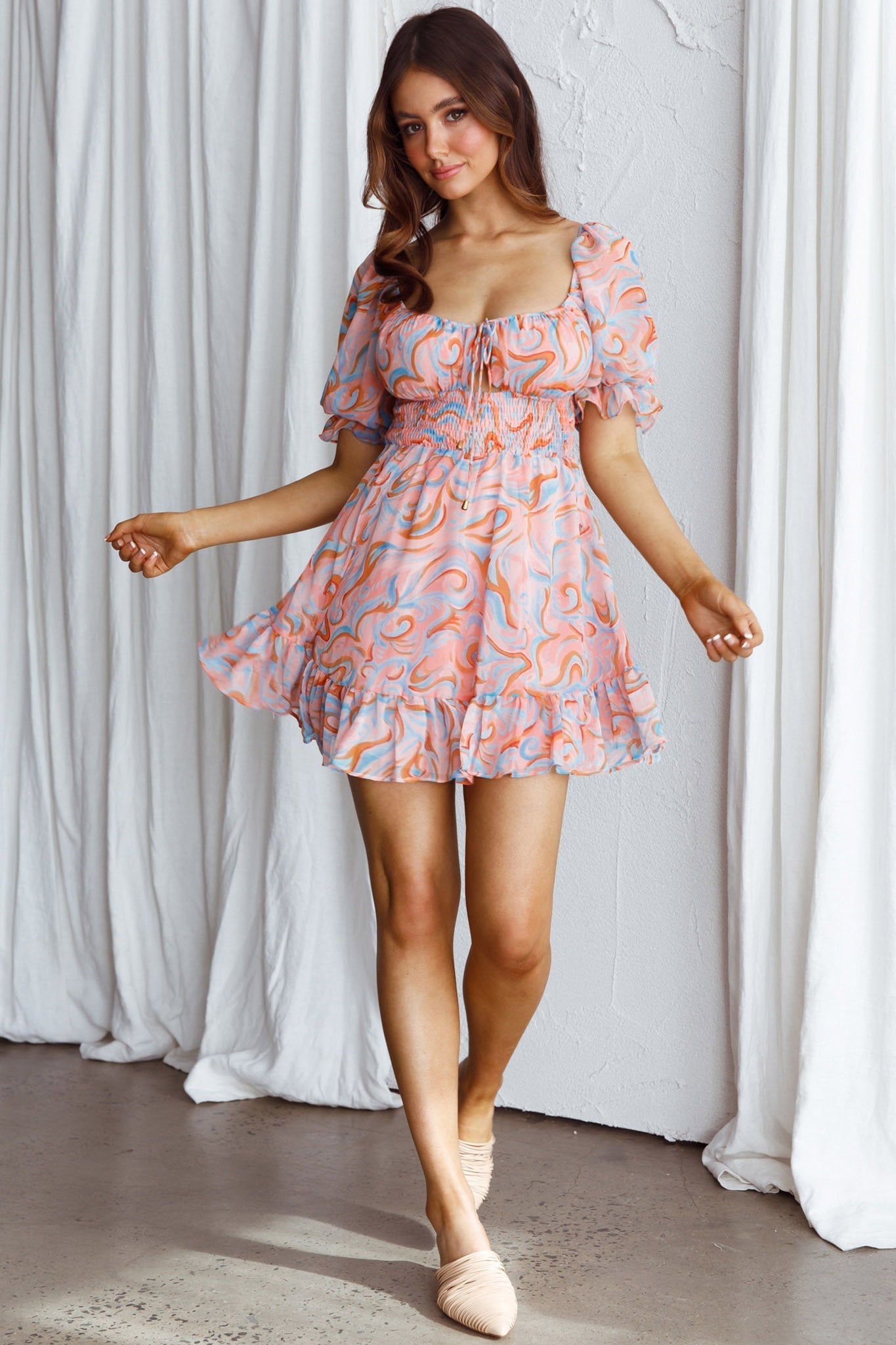 Carlina Shirred Waist Mini Dress Swirl Pink