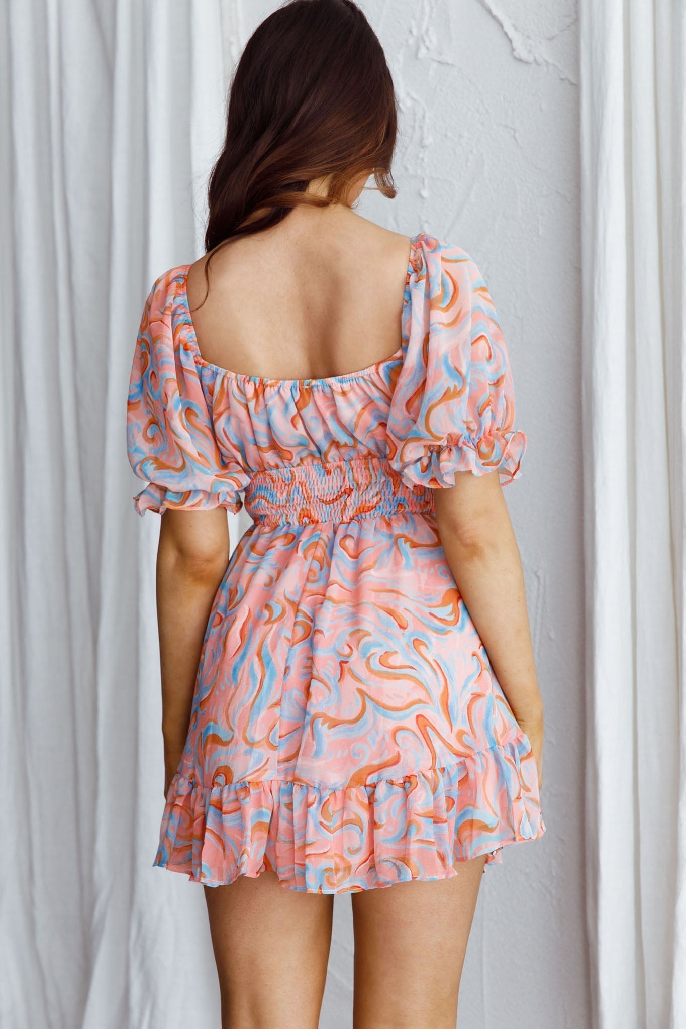 Carlina Shirred Waist Mini Dress Swirl Pink