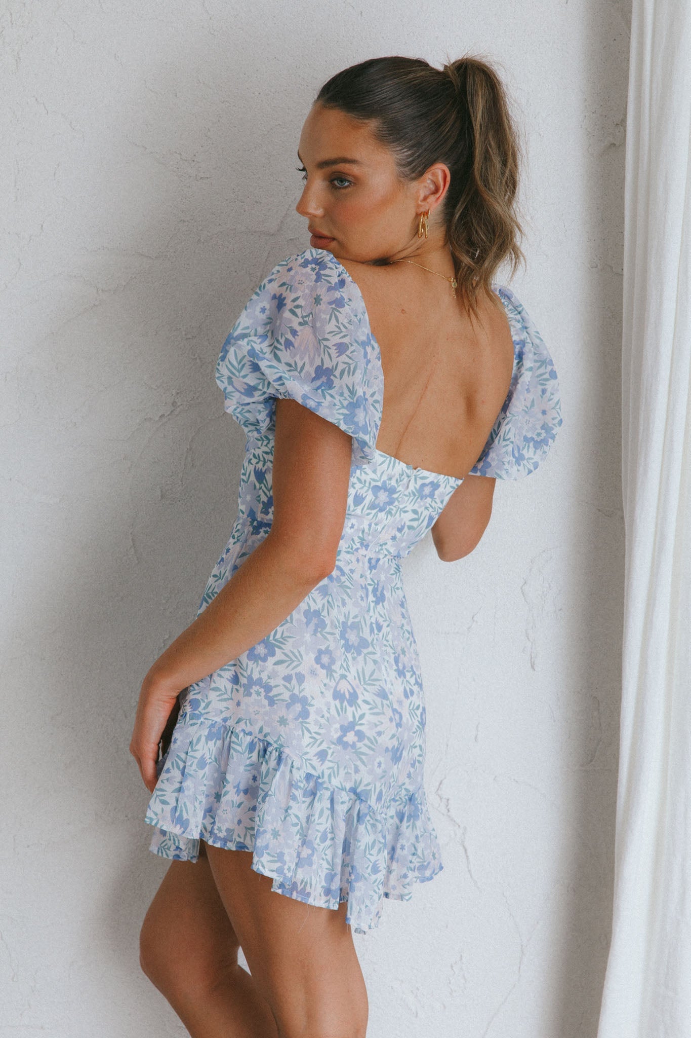 Cross My Heart V-Bust Frill Mini Dress Floral Blue
