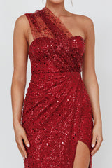 Doniella One-Shoulder Split Sequin Maxi Dress Wine