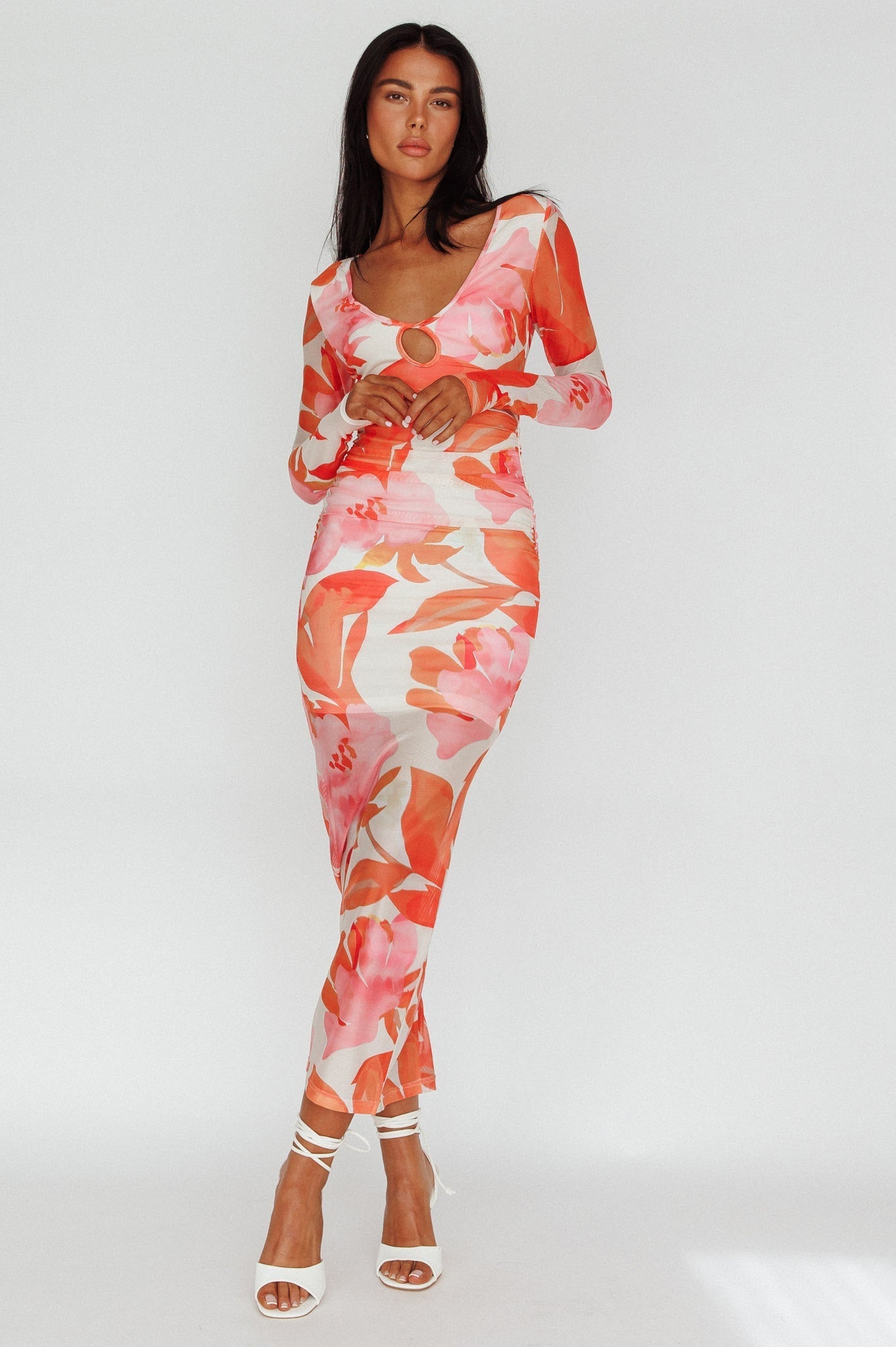 Chardae Long Sleeve Mesh Midi Dress Floral Pink