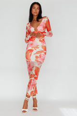 Chardae Long Sleeve Mesh Midi Dress Floral Pink