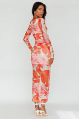 Chardae Long Sleeve Mesh Midi Dress Floral Pink