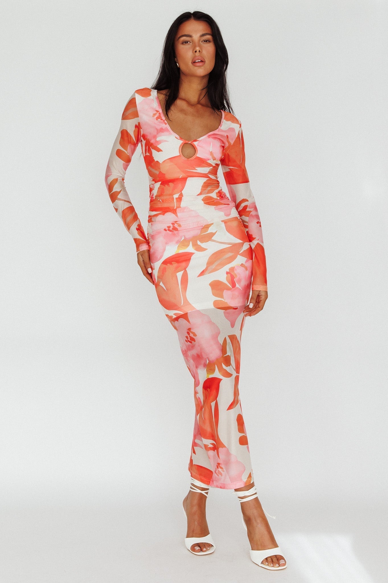 Chardae Long Sleeve Mesh Midi Dress Floral Pink