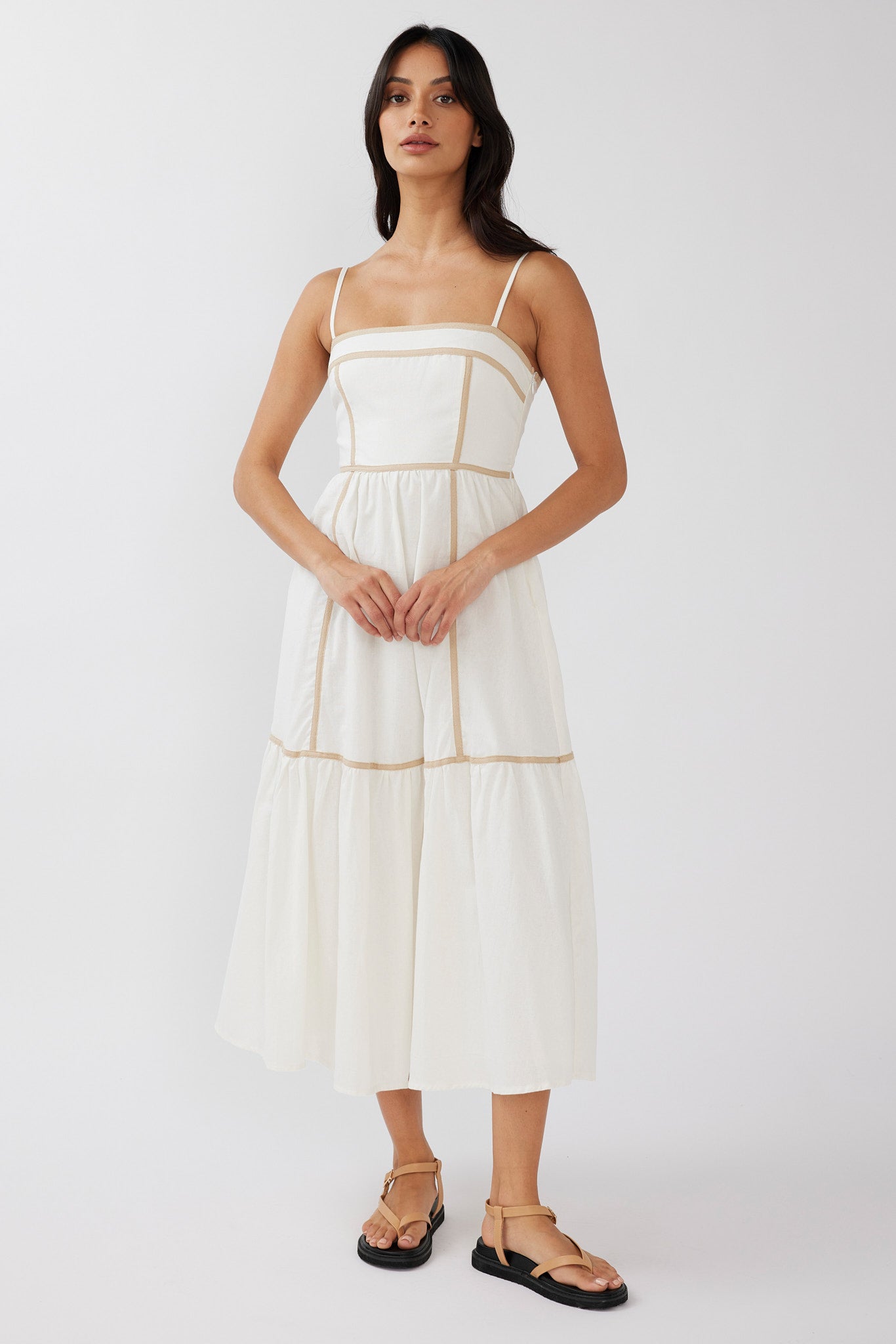 Confidante Piping Trim Midi Dress White