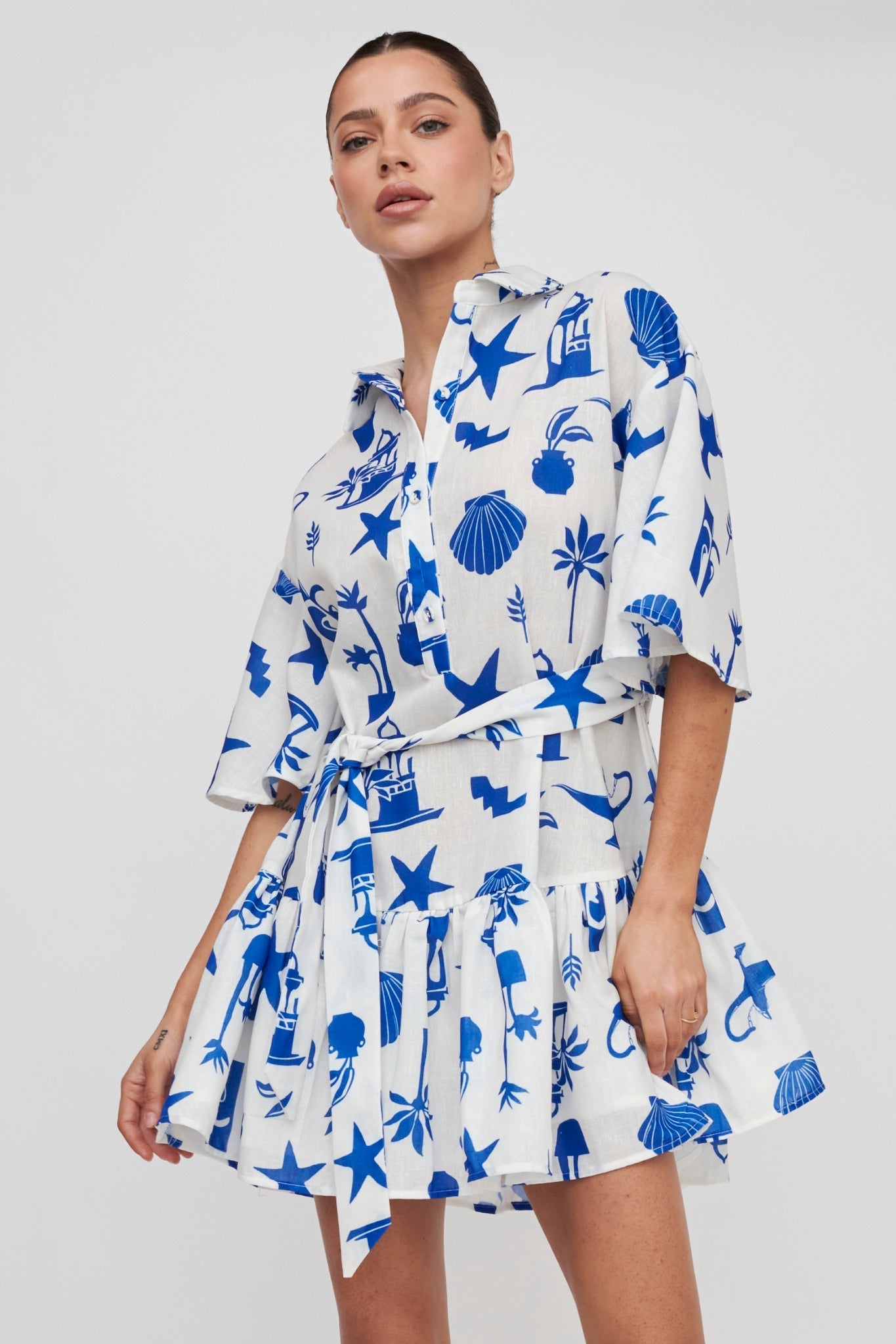 Day Trip Waist Tie Collared Dress Blue
