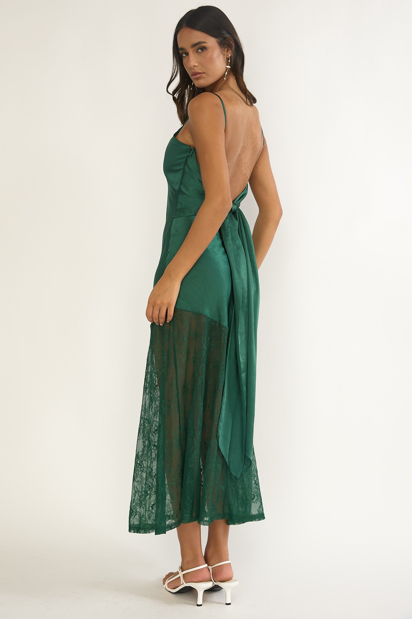 Ciao, Bella Tied Back Lace Hem Dress Forest Green