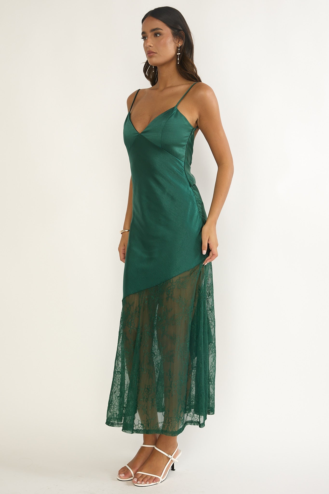 Ciao, Bella Tied Back Lace Hem Dress Forest Green
