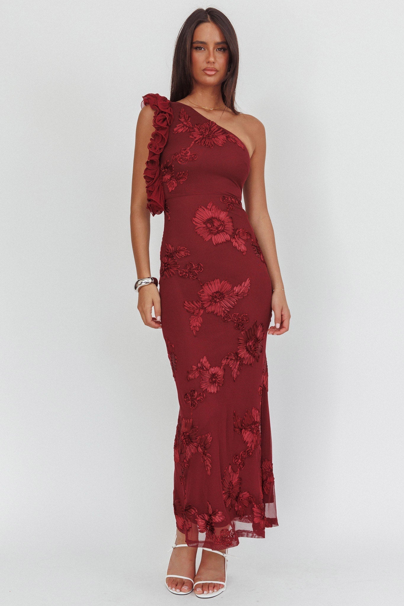 Deanna One-Shoulder Ruffle Maxi Dress Floral Texture Wine