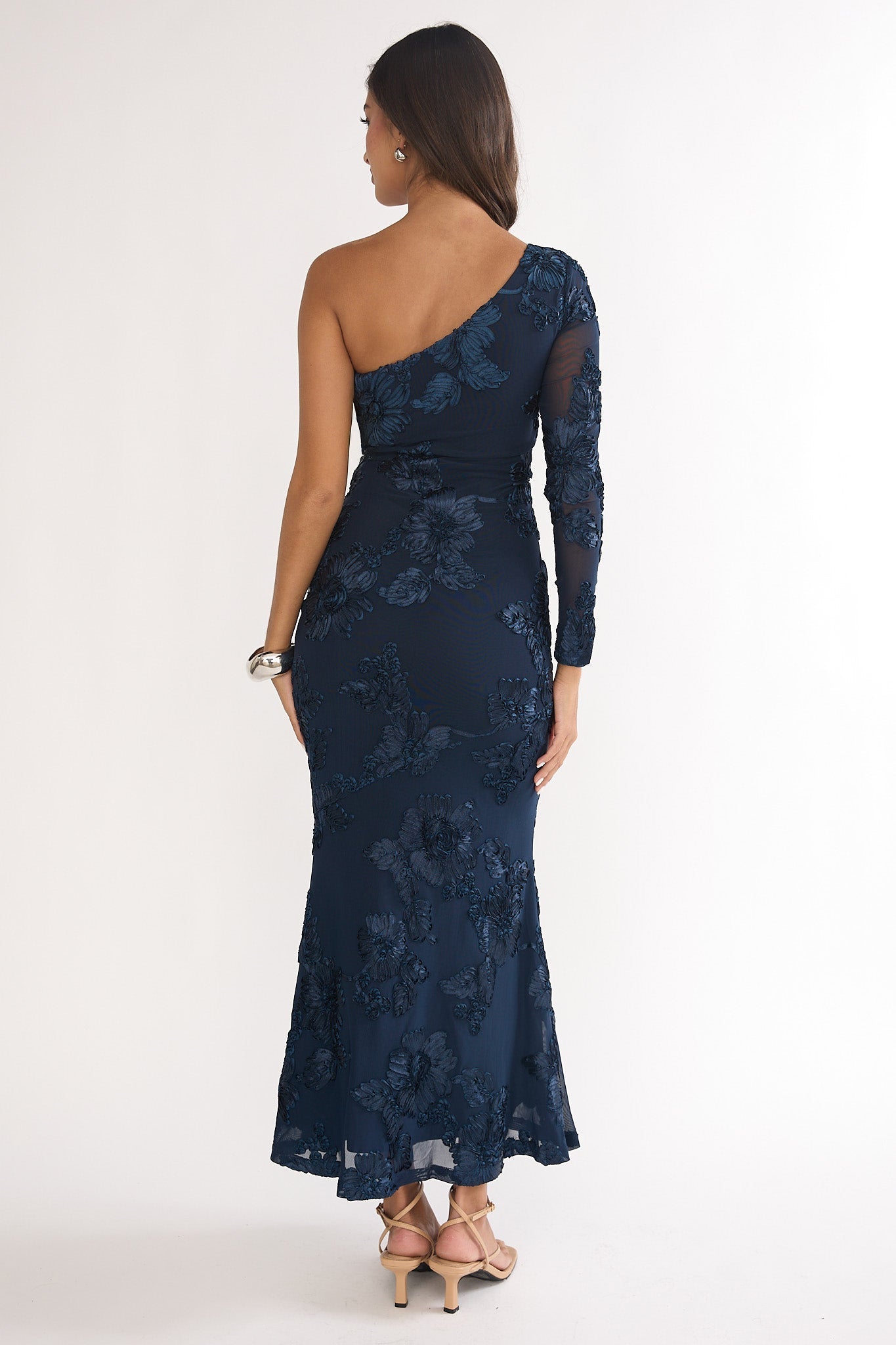 Deanna One-Shoulder Sleeve Maxi Dress Embellished Navy