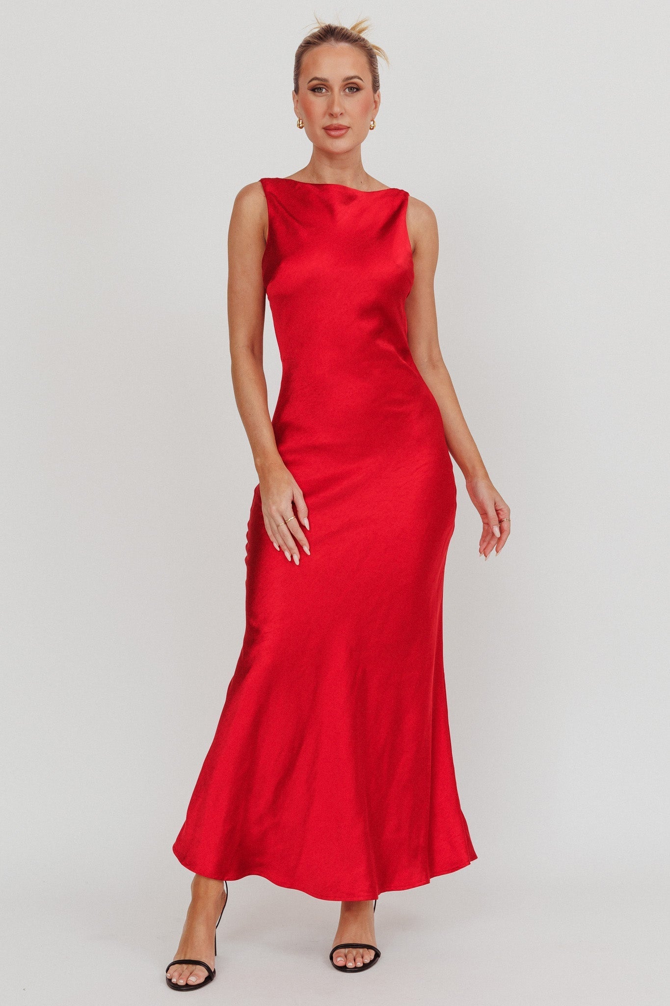 Carmine Satin Sleeveless Maxi Dress Wine