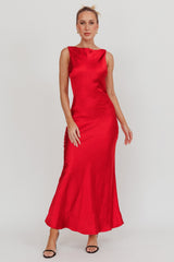 Carmine Satin Sleeveless Maxi Dress Wine