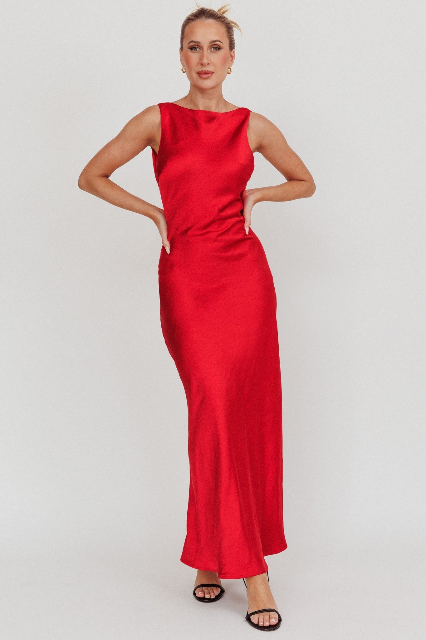 Carmine Satin Sleeveless Maxi Dress Wine