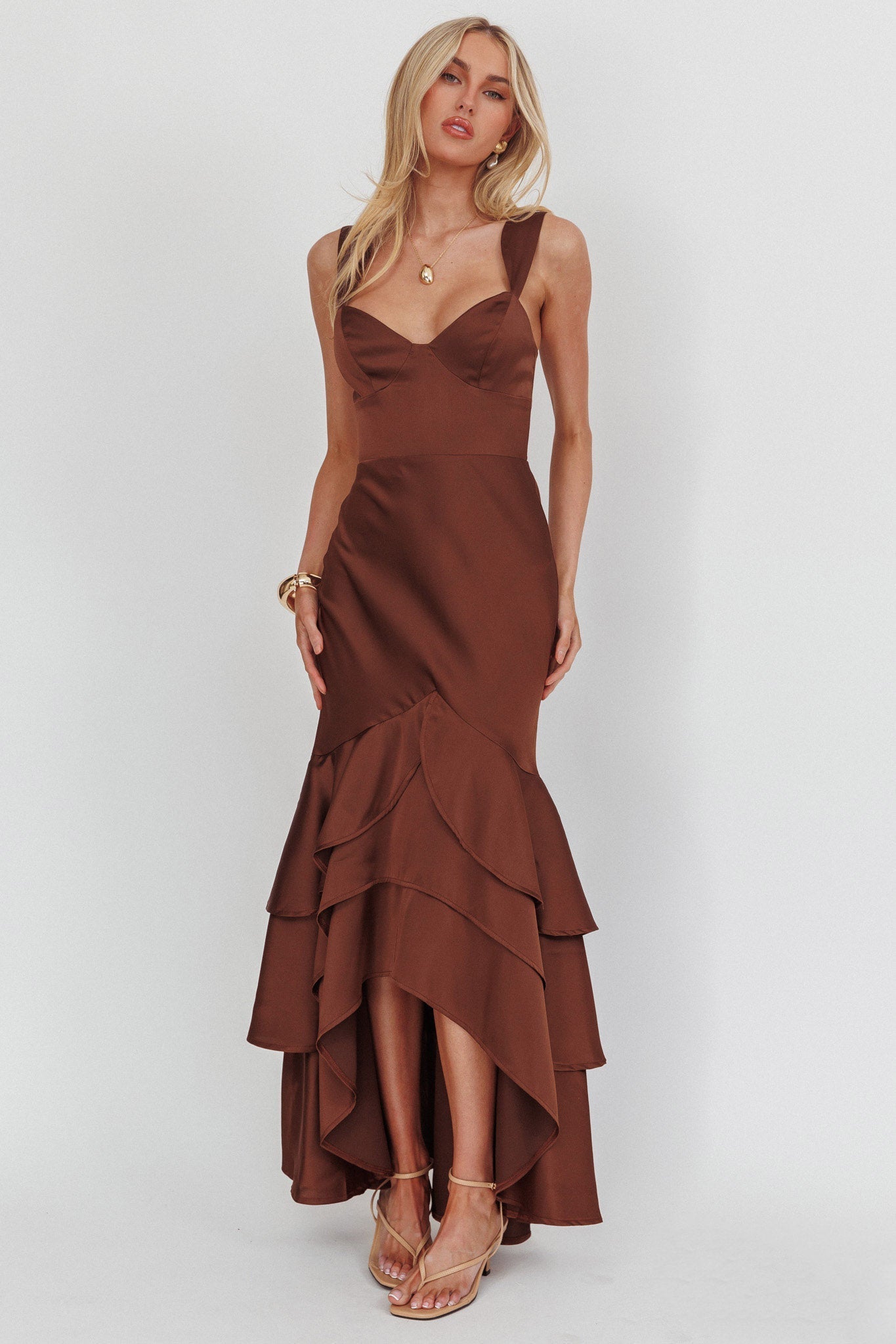 Baylin Layered Mermaid Hem Maxi Dress Coffee
