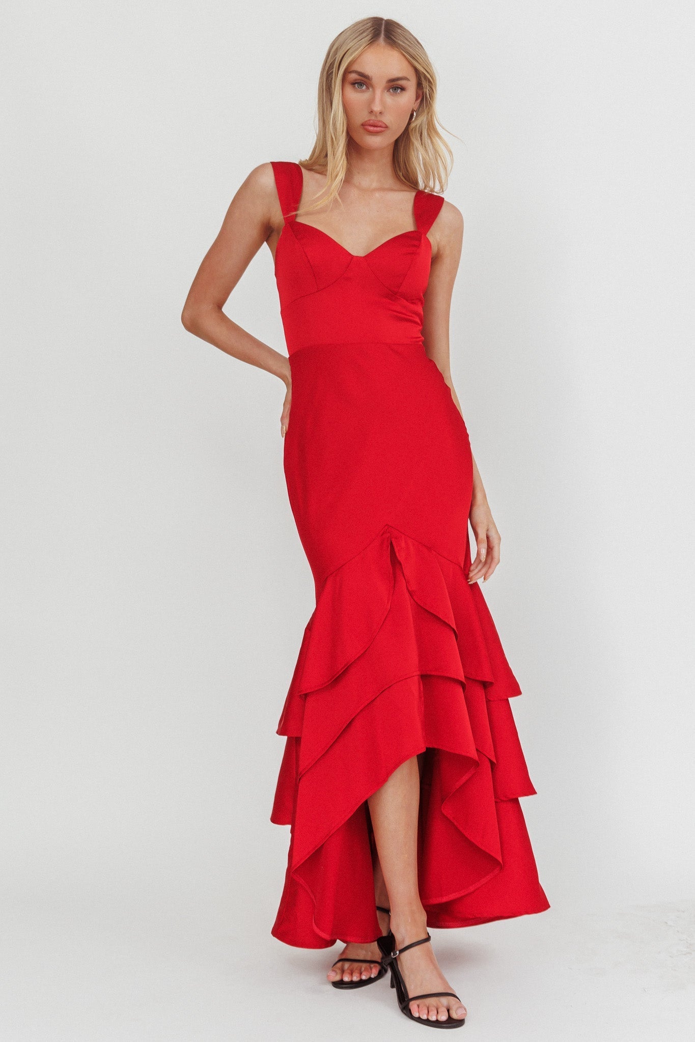 Baylin Layered Mermaid Hem Maxi Dress Red