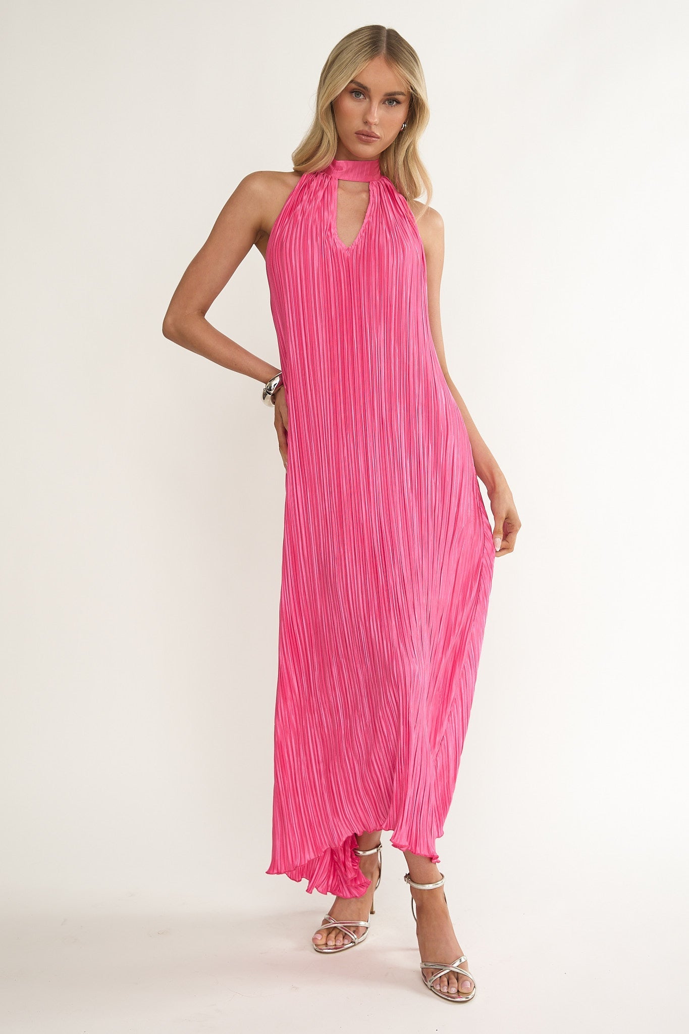 Aurea Halterneck Crepe Maxi Dress Hot Pink