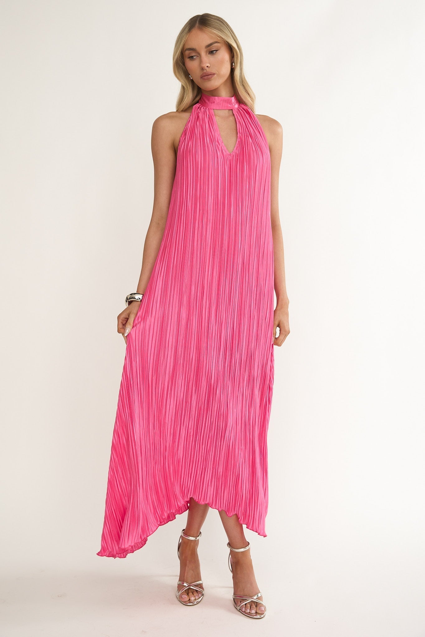Aurea Halterneck Crepe Maxi Dress Hot Pink