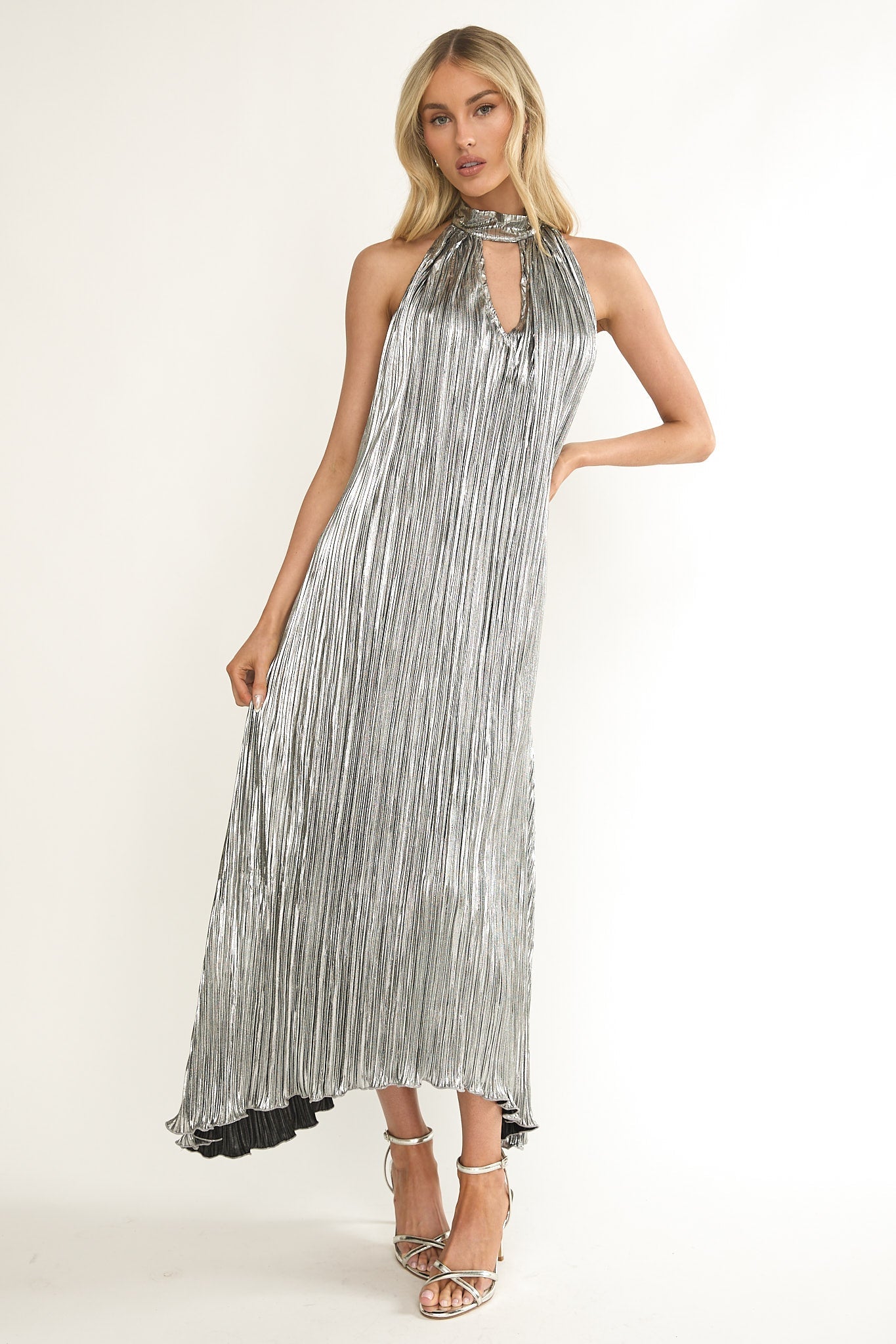 Aurea Halterneck Crepe Maxi Dress Silver