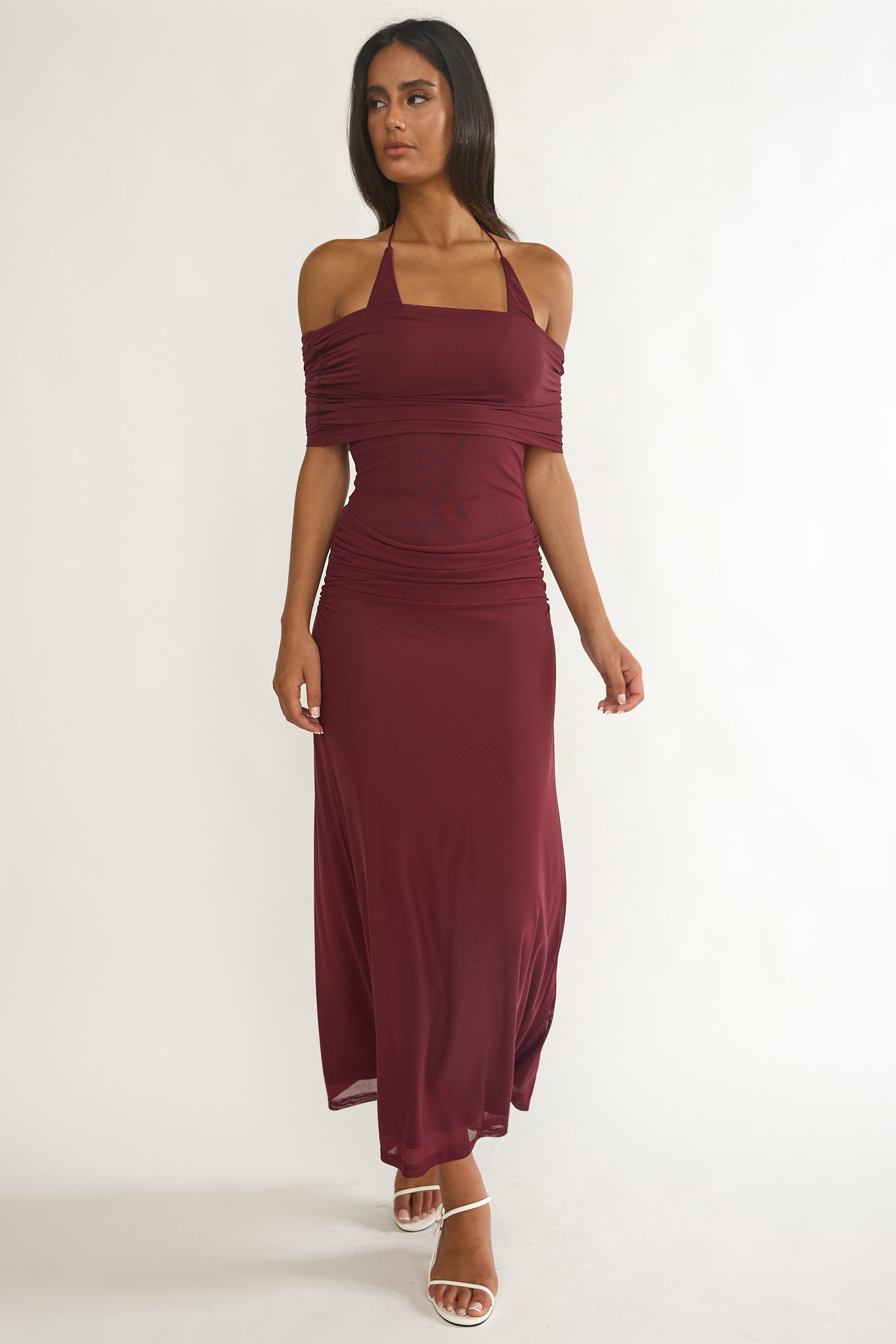 Carielle Off-Shoulder Halter Maxi Dress Wine