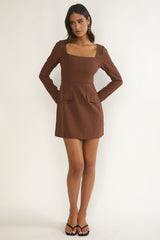 Calenne Long Sleeve Faux Pocket Mini Dress Coffee