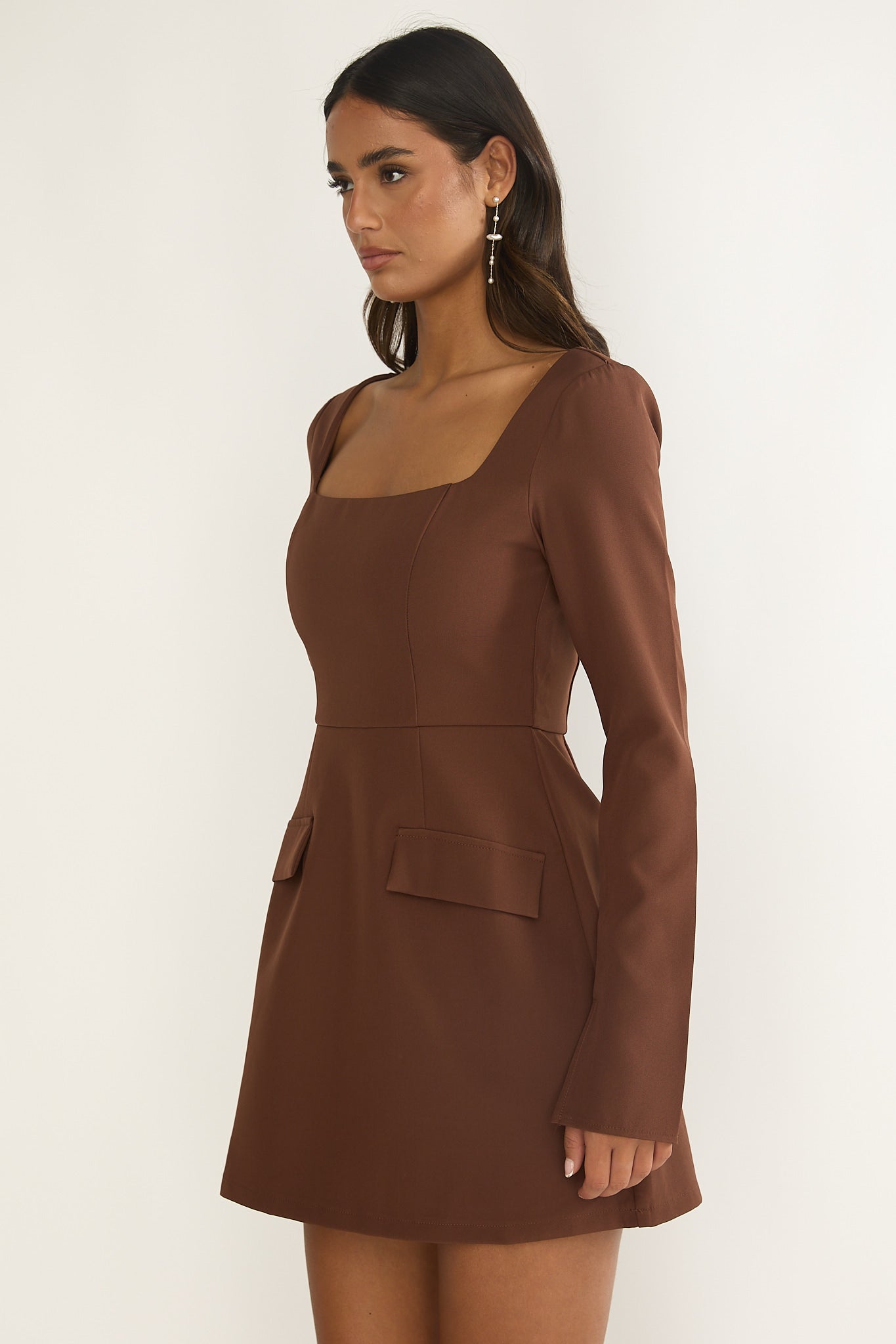 Calenne Long Sleeve Faux Pocket Mini Dress Coffee
