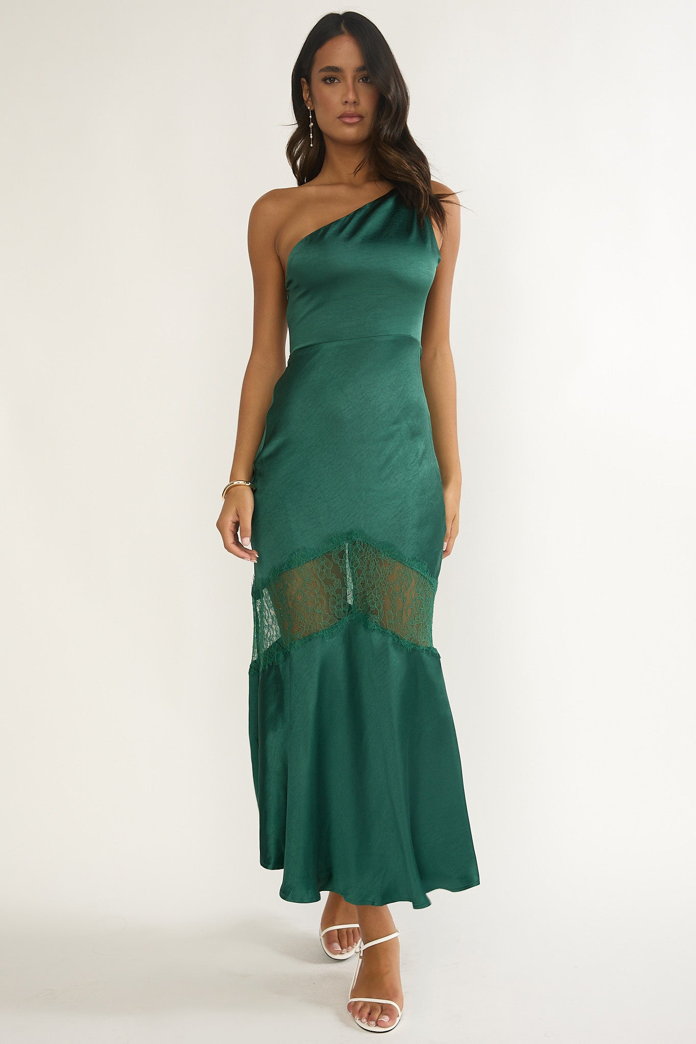 Avielle Lace Trim One-Shoulder Maxi Dress Forest Green