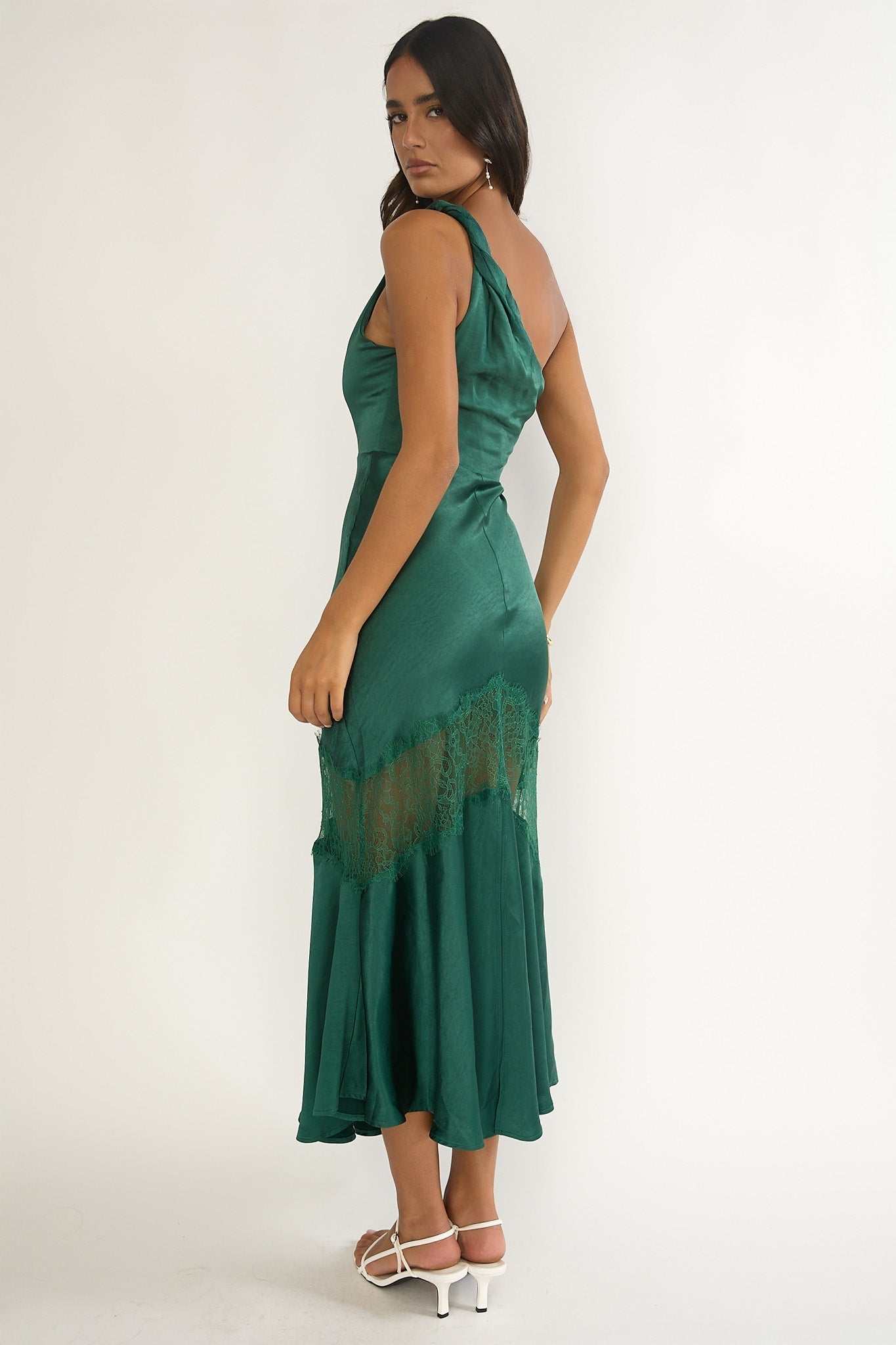 Avielle Lace Trim One-Shoulder Maxi Dress Forest Green
