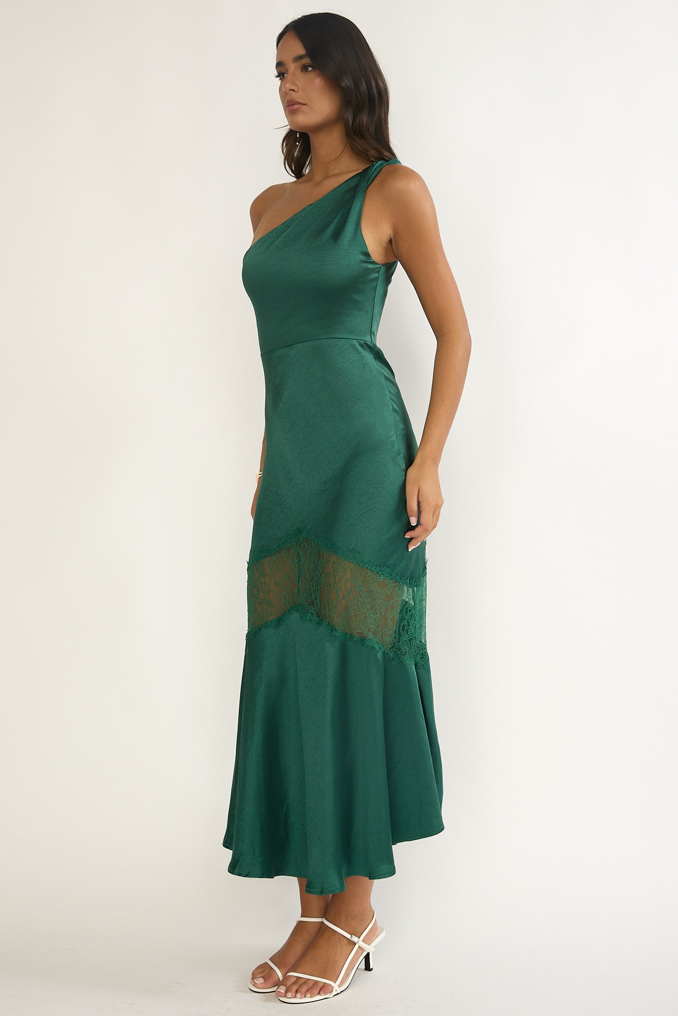 Avielle Lace Trim One-Shoulder Maxi Dress Forest Green