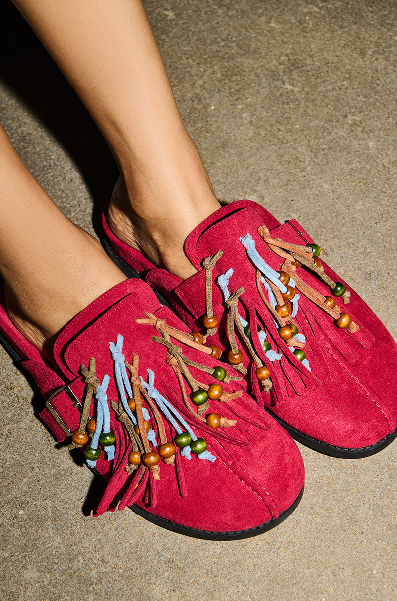 AZALEA WANG ABEILLE BURGUNDY FAUX SUEDE FRINGE CLOG