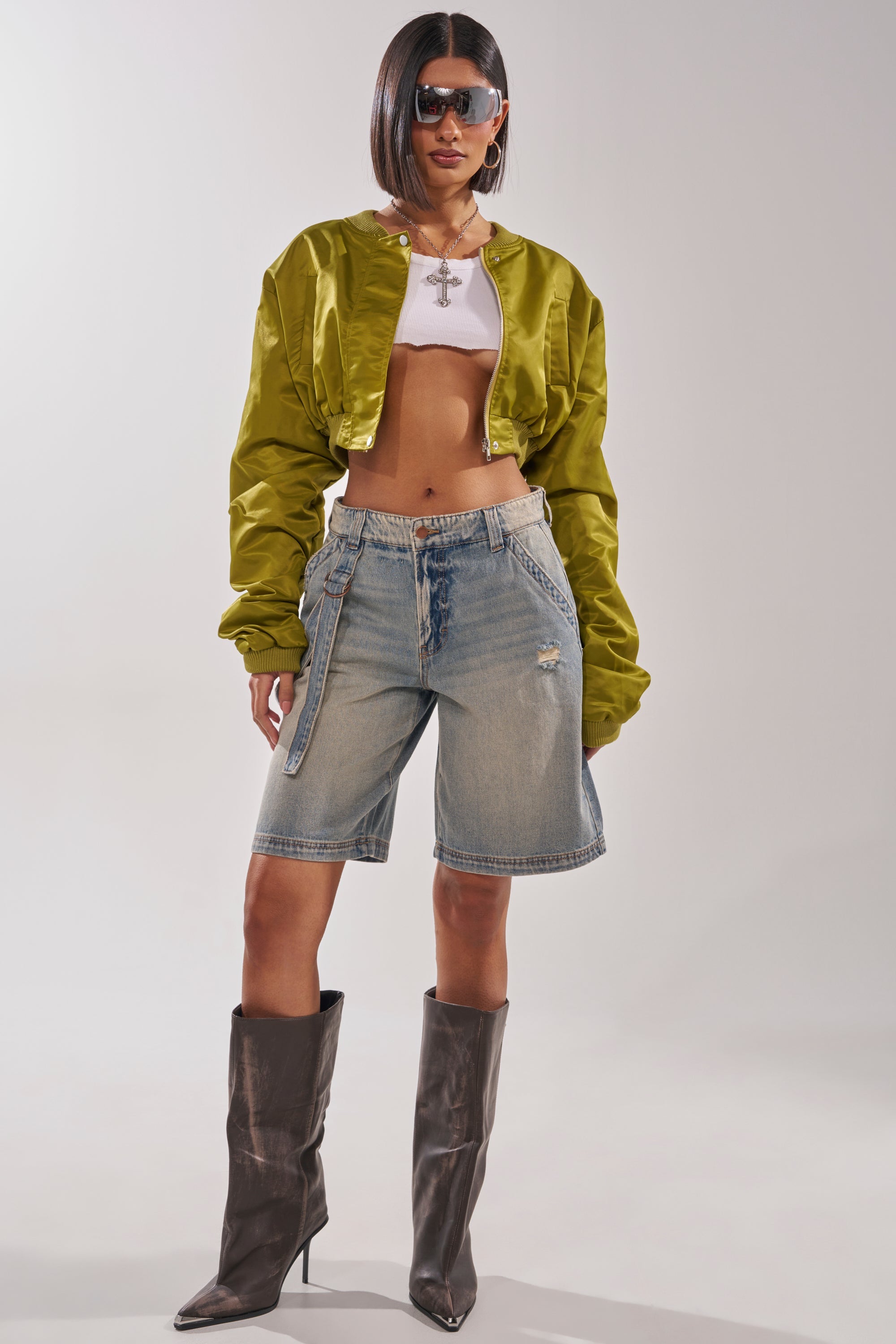 TAKE IT EASY CROPPED BOMBER IN GREEN