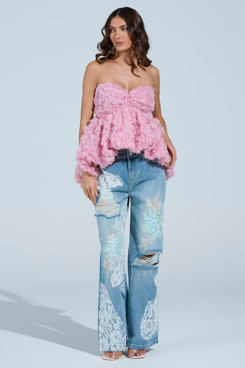 PICKING PETALS FLORAL AND LACE DETAIL DENIM PANTS