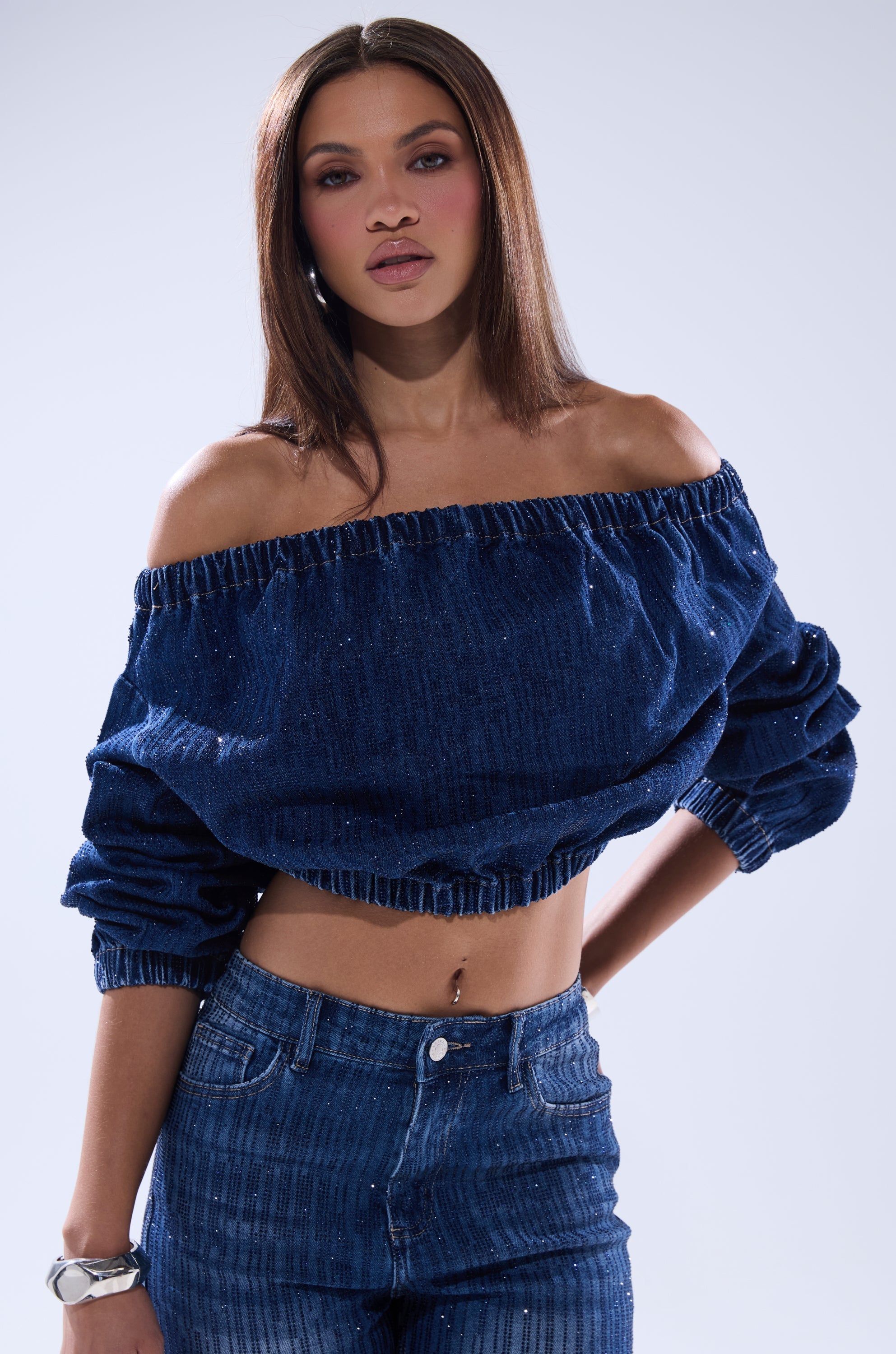 SHINING STAR OFF THE SHOULDER RHINESTONE DENIM SWEATSHIRT