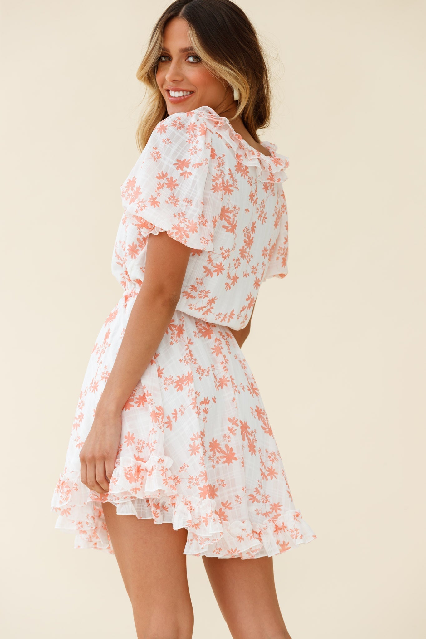 Brianna Puff Sleeve Drawstring Waist Dress Floral Print Pink