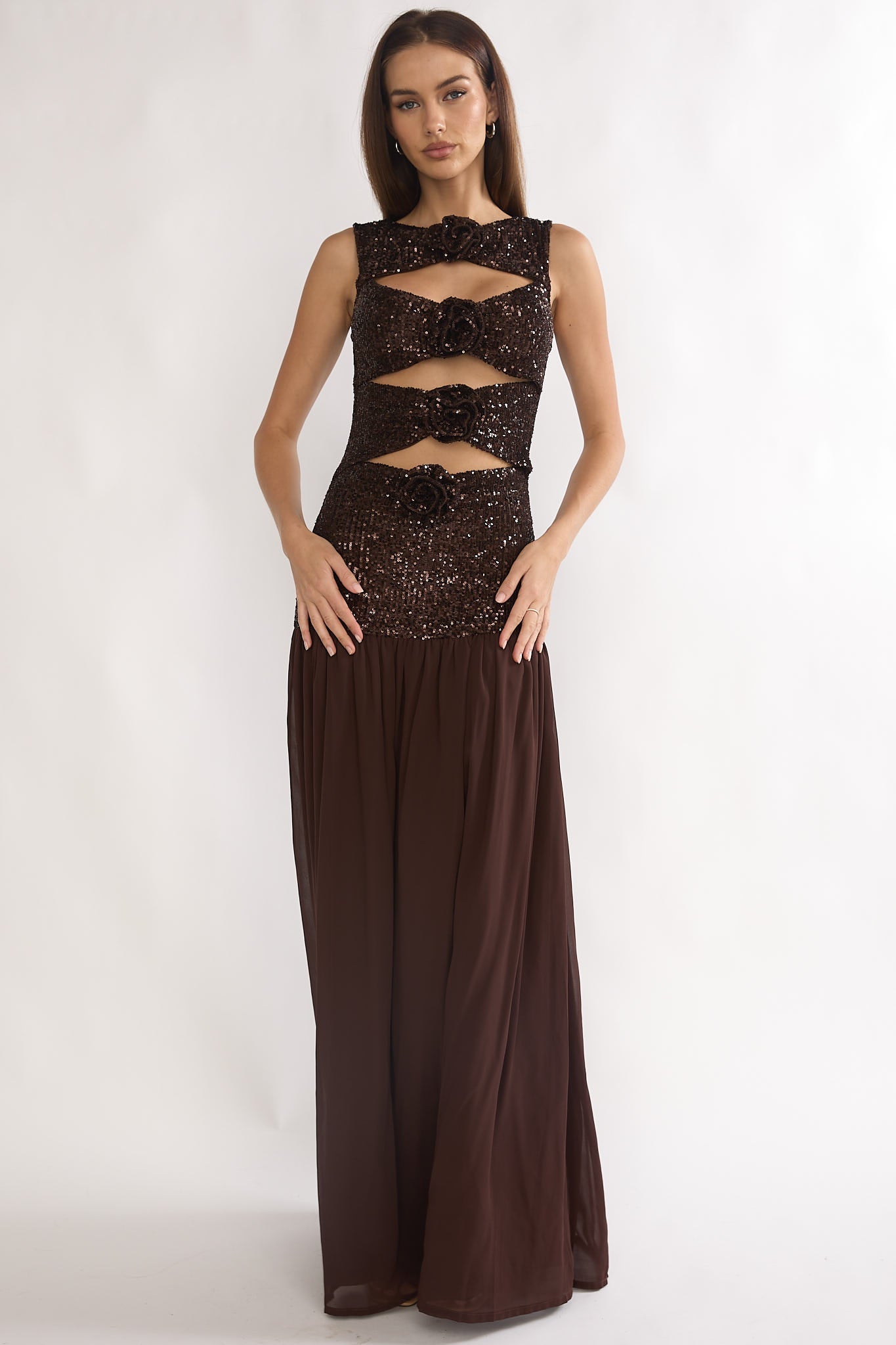 Dioris Rosette Cut-Out Sequin Maxi Dress Sequin Choco