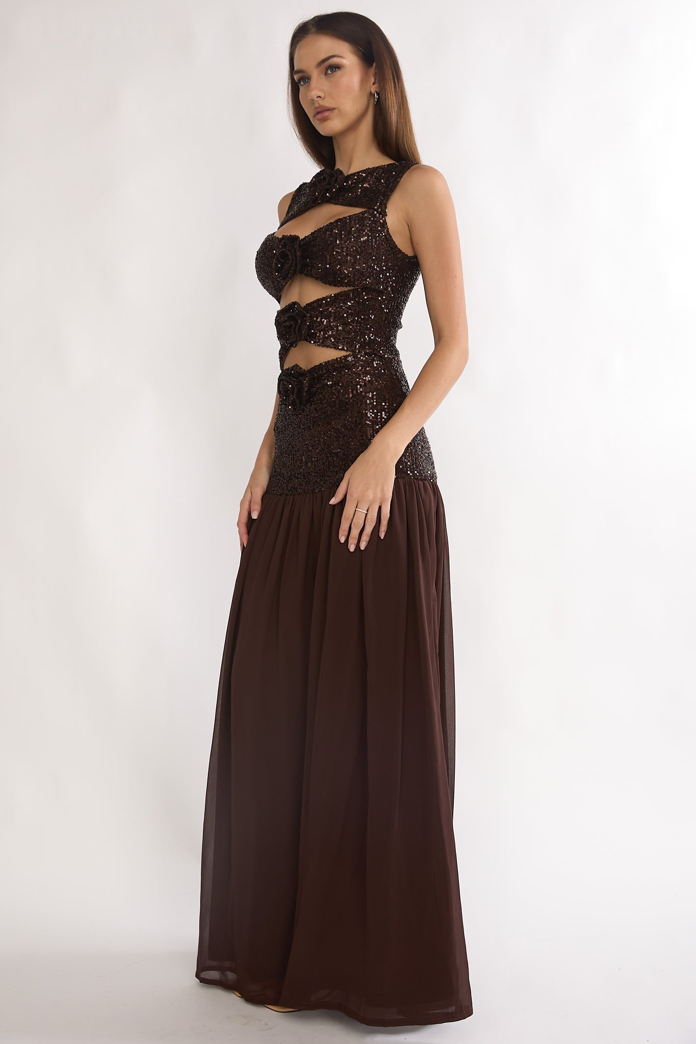 Dioris Rosette Cut-Out Sequin Maxi Dress Sequin Choco