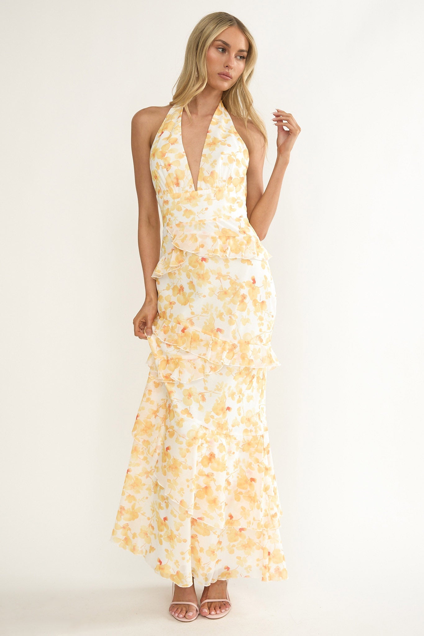 Cipriana Frill Trim Halter Maxi Dress Floral Yellow