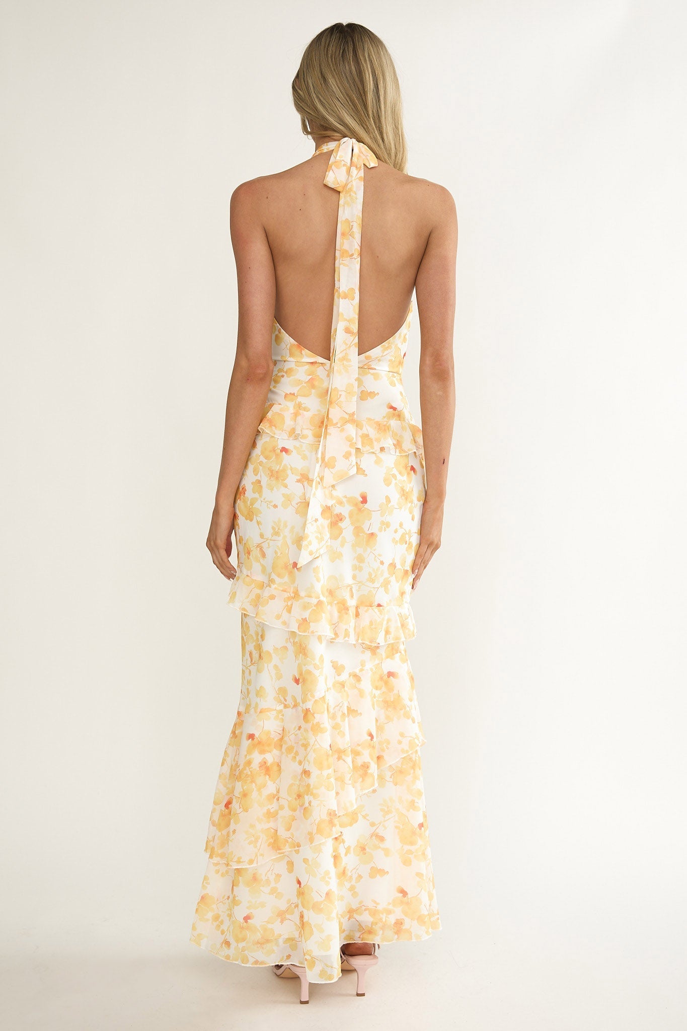 Cipriana Frill Trim Halter Maxi Dress Floral Yellow