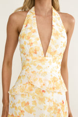 Cipriana Frill Trim Halter Maxi Dress Floral Yellow