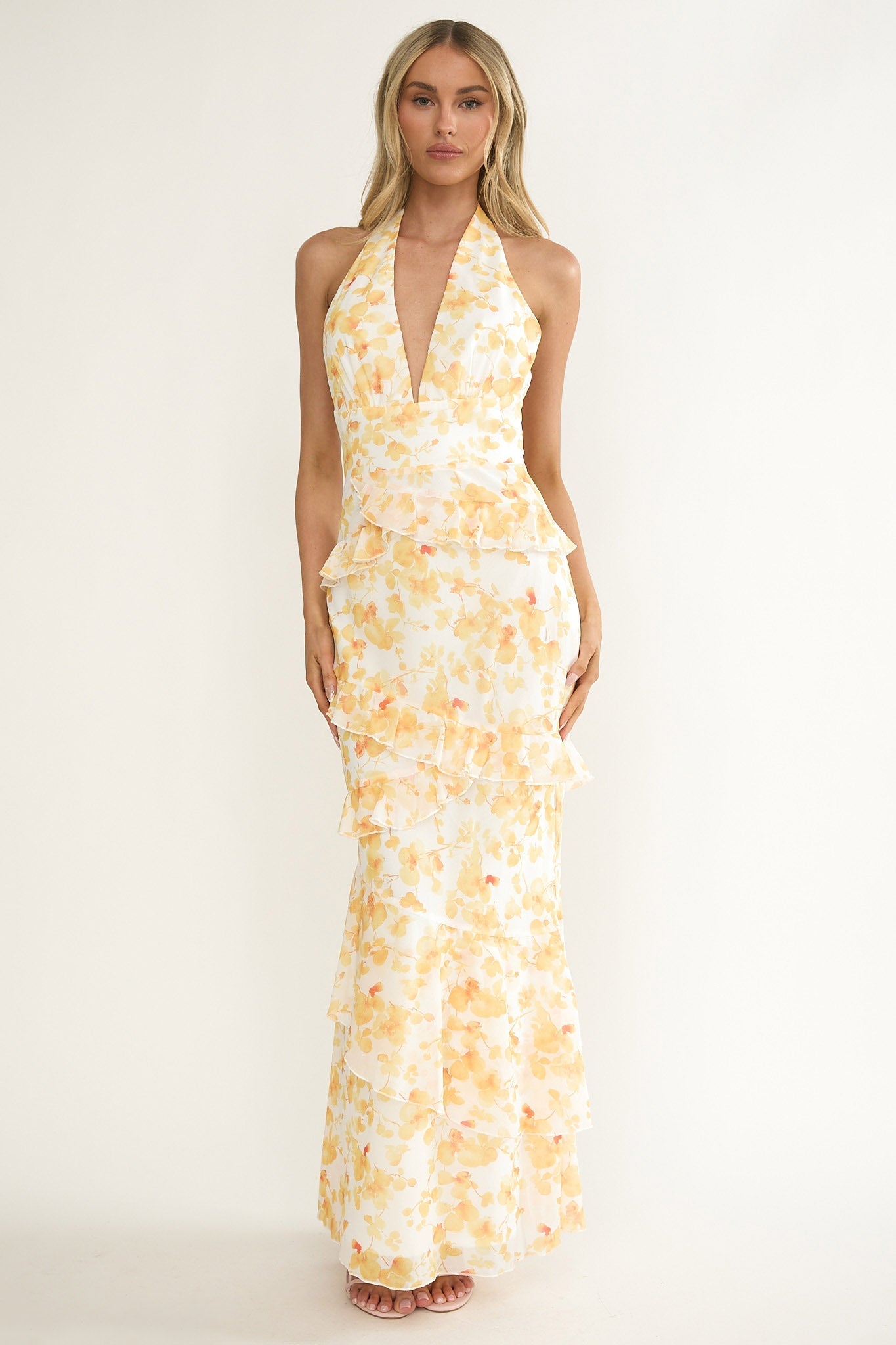Cipriana Frill Trim Halter Maxi Dress Floral Yellow
