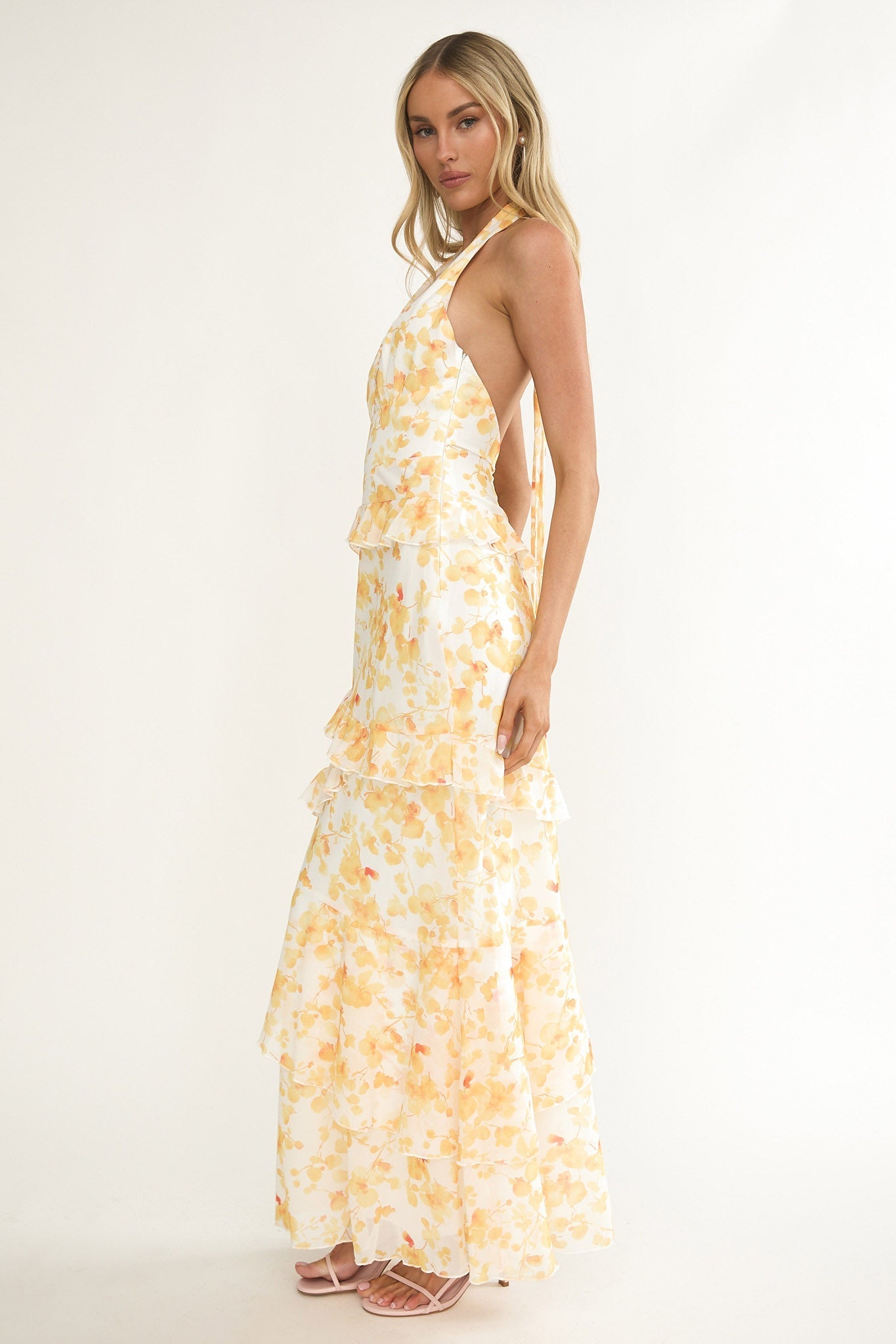 Cipriana Frill Trim Halter Maxi Dress Floral Yellow
