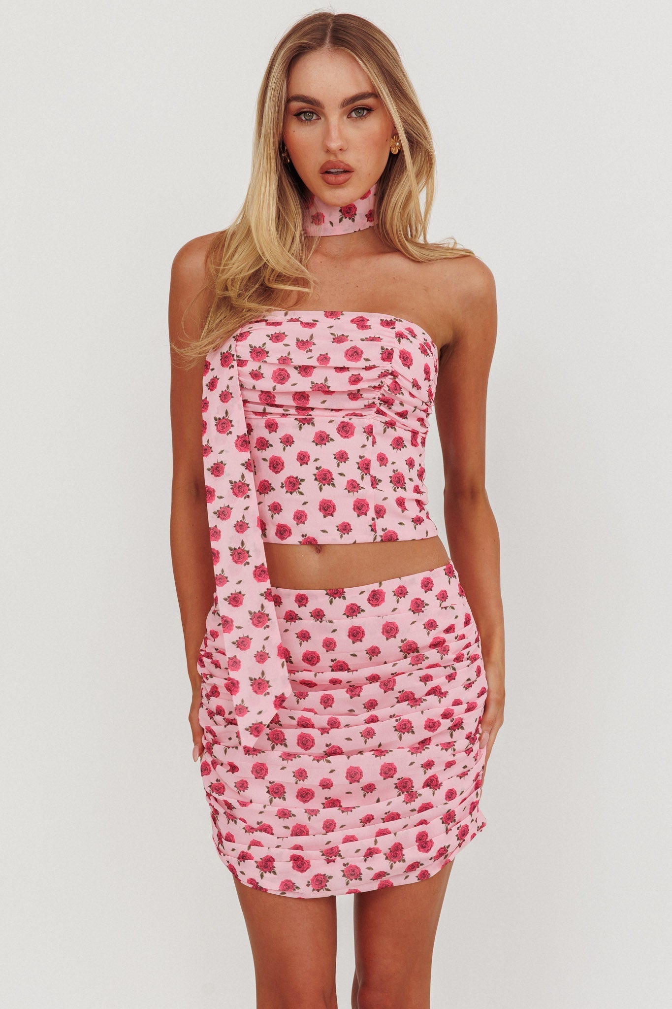 Charise Ruched Mini Skirt Roses Pink