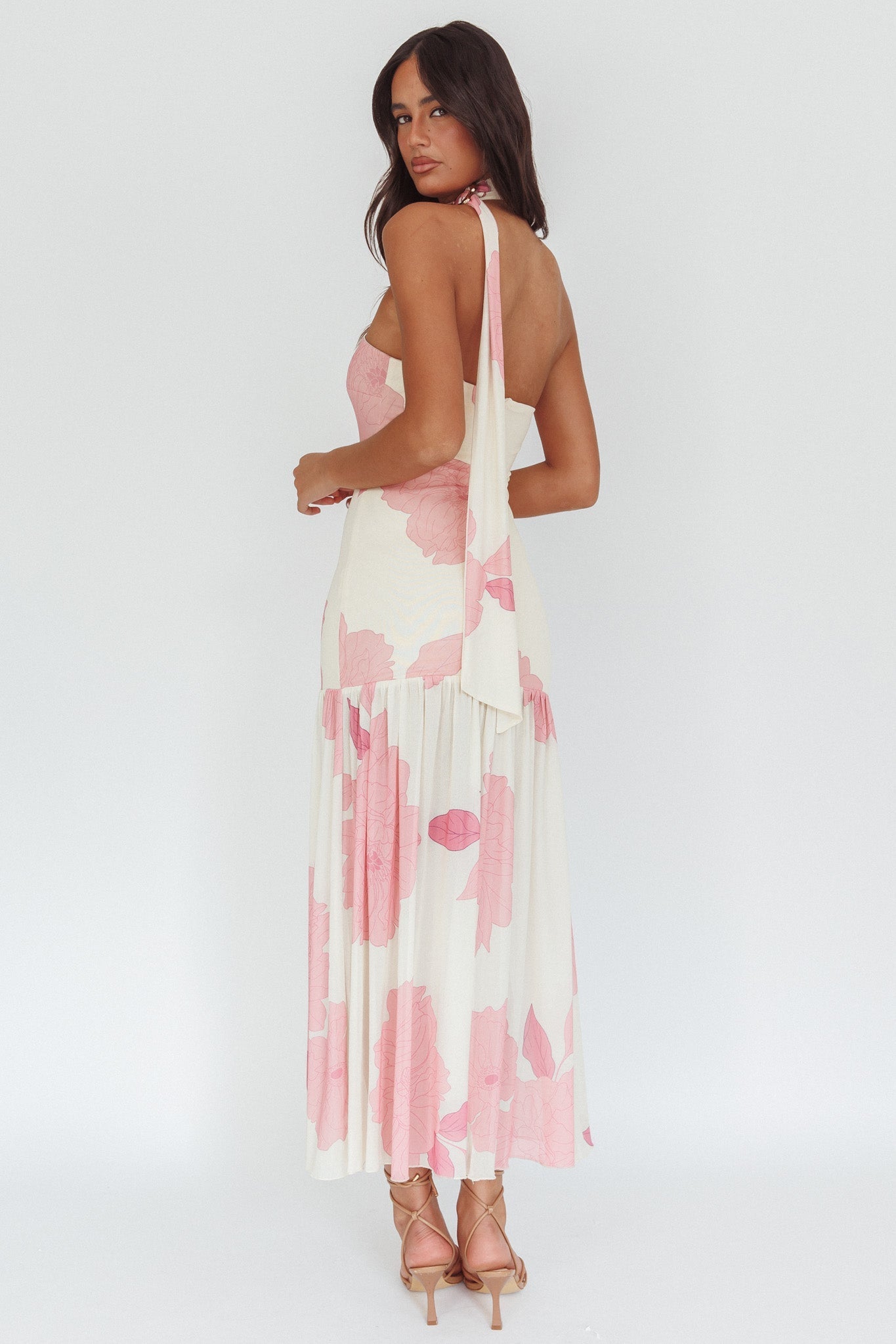 Antonella Strapless Waist Sash Maxi Dress Floral Pink