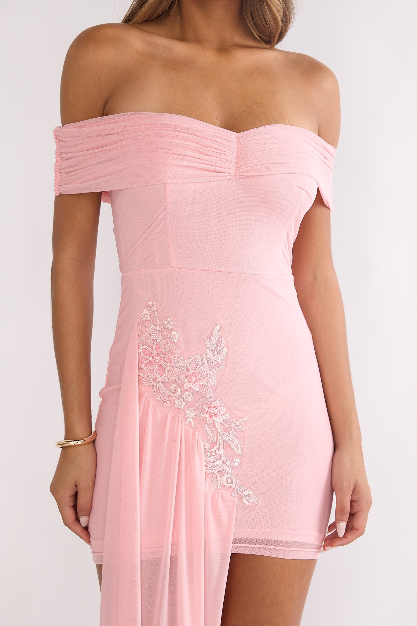 Dahlisse Off-Shoulder Sash Mini Dress Blush
