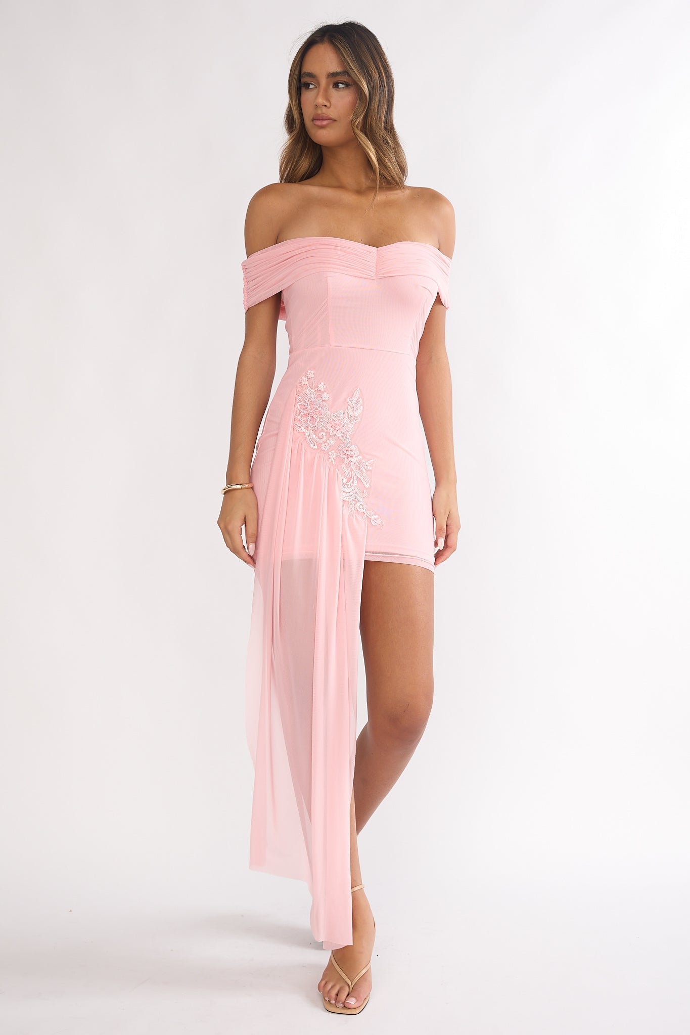 Dahlisse Off-Shoulder Sash Mini Dress Blush