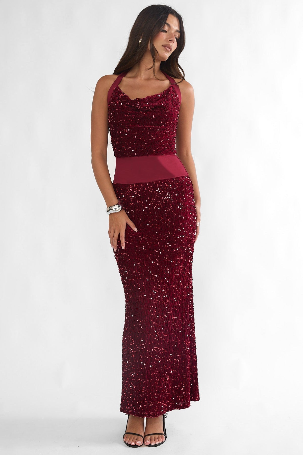 Cabernet Halter Maxi Dress Wine Sequin Wine
